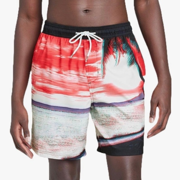 Original Use Men's 7" Elastic Waist Red and Black Tropical Swim Shorts Size XXL - Picture 2 of 13